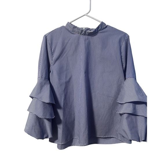 Mello Day Tops - Mello Day Blue White Striped Mock Neck Tiered Ruffle Bell Sleeve Top XL